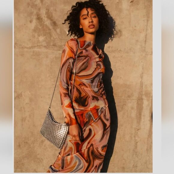 ZARA SET Printed tulle โSet Top And Skirt Organge Beige Brown Combiation - Picture 11 of 16